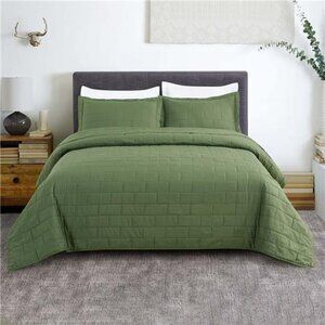 Hush Summer Quilt Set, Full Queen Size Olive Green Rectangle Pattern 3